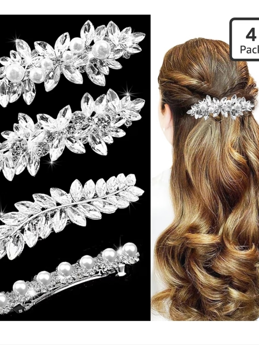 Silver Rhinestone Pearl Wedding Hair Clips - 4 Pack